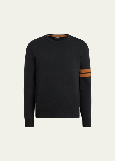 Zegna Stripe-detail Crew-neck Wool Jumper In Black