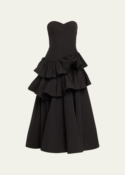 Marchesa Notte Strapless Ruffle Taffeta Midi Dress In Black