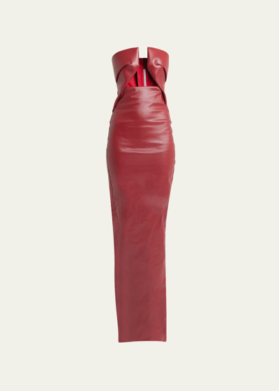 Rick Owens Strapless Cutout Wax-denim Bustier Gown In Cardinal Red