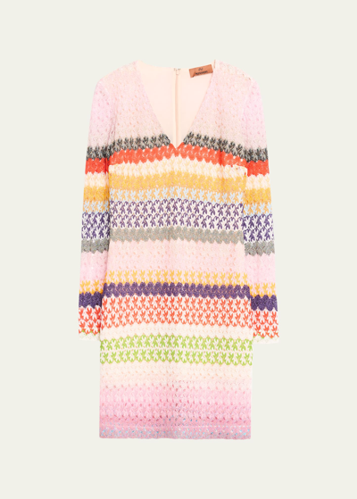 Missoni Intarsia V-neck Long Sleeve Dress In Sm89s-pnkorngmt