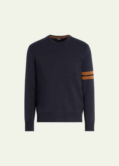 Zegna Men's Signifier Stripe Wool Crewneck Sweater In Navy Solid
