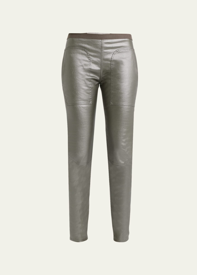 Rick Owens Metallic Coated-denim Mid-rise Leggings In Gun Metal