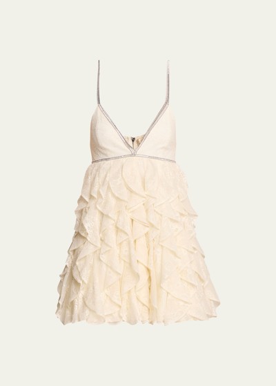 Alice And Olivia Wilmarie Embellished Lace Ruffle Mini Gown In Off White
