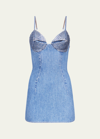 Area Crystal-embellished Polka-dot Denim Mini Dress In Medium Indigo