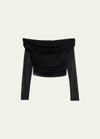Alice And Olivia Isadola Ruched Off The Shoulder Mesh Crop Top In Black