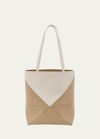 Loewe Puzzle Fold Medium Tote Bag In Shiny Bicolor Leather In Soft White/paper