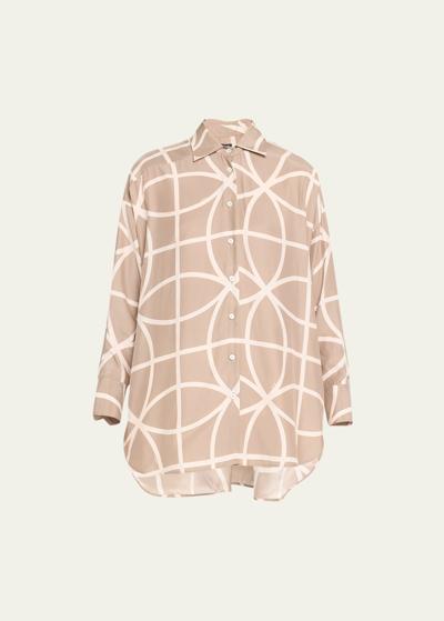 Kiton Abstract-print Button Down Silk Blouse In Beige