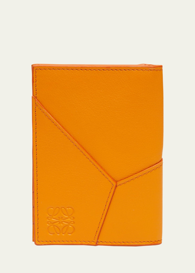 Loewe Men's Puzzle Leather Bifold Card Holder In Bright Mandarin