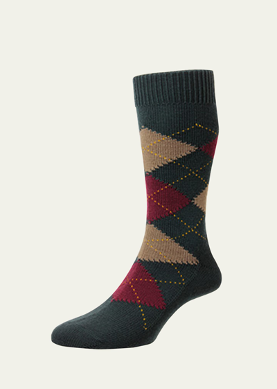 Pantherella Men's Racton Argyle Crew Socks In Racing Green 305