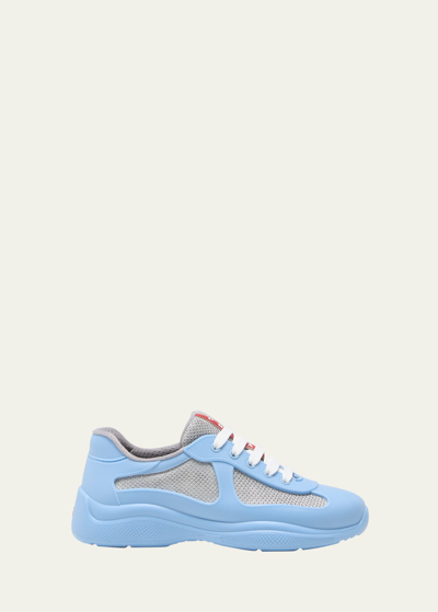 Prada America's Cup Vernice Runner Sneakers In Light Blue