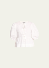 Ganni Poplin Front-tie Peplum Blouse With Puffed-sleeves In White