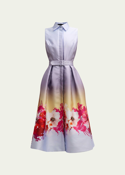 Rickie Freeman For Teri Jon Pleated Ombre Floral-print Midi Shirtdress In Lilac Mult