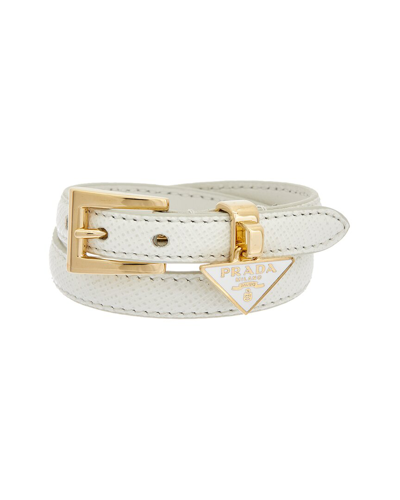 Prada Logo Triangle Buckled Leather Bracelet In White