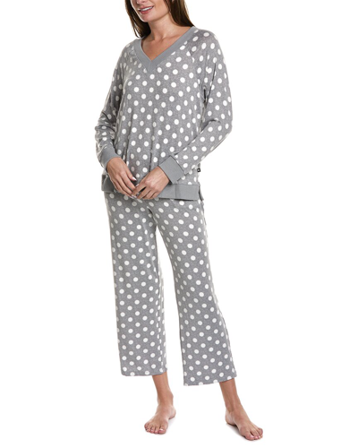 Kate Spade Long Sleeve V Neck Pajama Set In Gray/dots