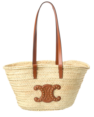 Celine Triomphe Palm Leaves & Leather Tote In Brown