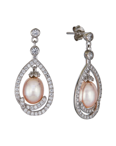 Belpearl Silver 7-8mm Pearl Cz Dangle Earrings In Metallic