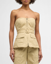 Simkhai Elettra Strapless Belted Cotton-blend Top In Khaki