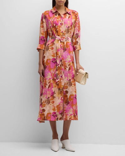 Evi Grintela Valerie Belted Botanical-print Midi Shirtdress In Peach Multi