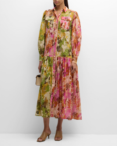 Evi Grintela Isla Botanical-print Lace-trim Midi Shirtdress In Green/peach