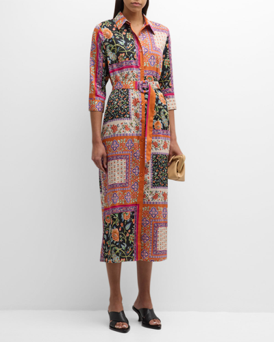 Evi Grintela Riad Patchwork Floral-print Midi Shirtdress In Orange Black