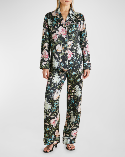 Olivia Von Halle Lila Esme Black Floral Silk Satin Pyjamas