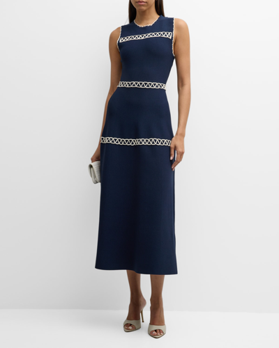 Lela Rose Blanket-stitch Sleeveless Midi Dress In Navy