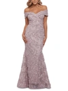 Xscape Off The Shoulder Embroidered Lace Gown In Purple