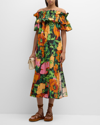 La Doublej Breakfast Off-the-shoulder Floral-print Cotton-poplin Midi Dress In Black