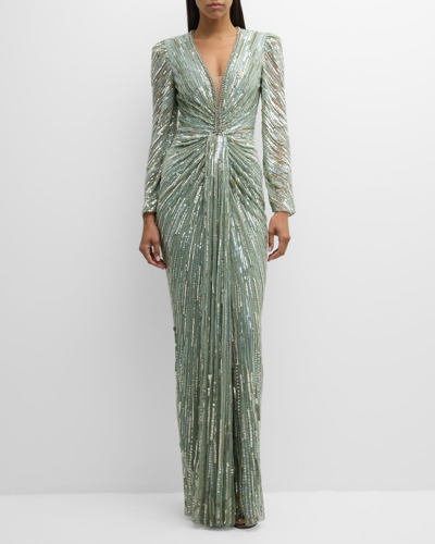 Jenny Packham Darcy Embellished Gown With Gathered Front In Eau De Nil