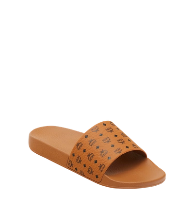 Mcm Male Monogram Print Rubber Slides In Brown