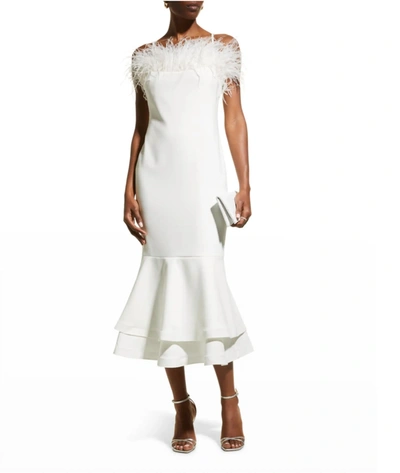 Likely Aurora Feather Trumpet Midi Dress In White