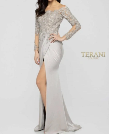 Terani Couture Long Sleeve Gown In Taupe In Grey
