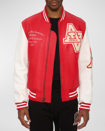Avirex Men's Wildcat Leather Varsity Jacket In Salvage Red