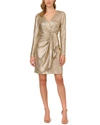 Adrianna Papell Metallic Foil Long Sleeve Knit Faux Wrap Dress In Gold