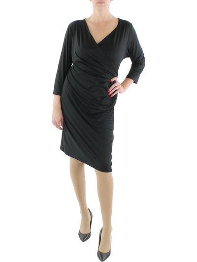 24seven Comfort Apparel Plus Womens Surplice Knee-length Wrap Dress In Black