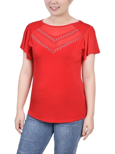 Ny Collection Petite Size Studded Short Flutter Sleeve Top In Multi