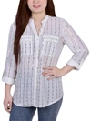 Ny Collection Petite Size 3/4 Sleeve Roll Tab Blouse With Metallic Details Top In Multi