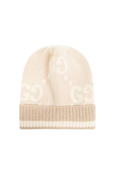 Gucci Gg Damier Jacquard Ribbed Knit Beanie In Beige