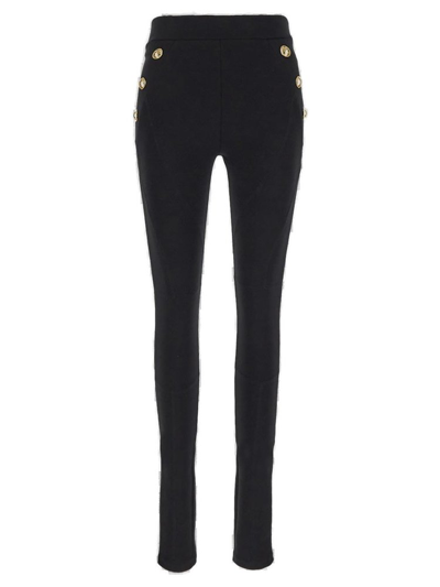 Balmain 6-button Metallic-edge Knit Stirrup Leggings In Black