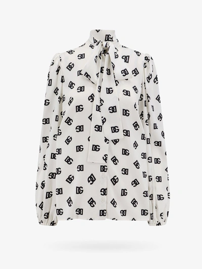 Dolce & Gabbana Charmeuse Shirt With All-over Dg Logo Print In White