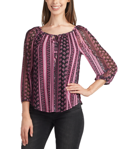 Bcx Juniors' Printed Round-neck Bubble-sleeve Top In Pat B