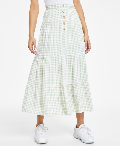 Celebrity Pink Juniors' Gingham Tiered Midi Skirt In Olive Gingham