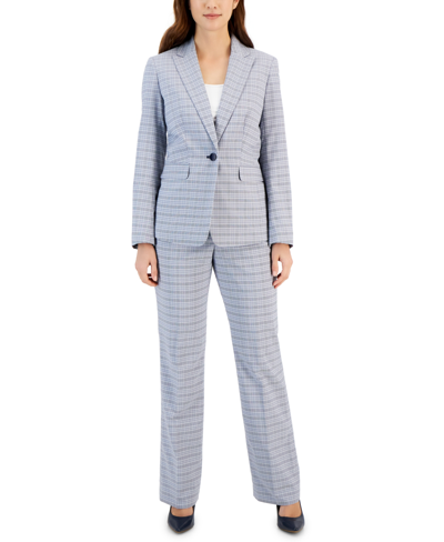 Le Suit Women's Plaid Pant Suit, Regular & Petite In White,midnight Navy