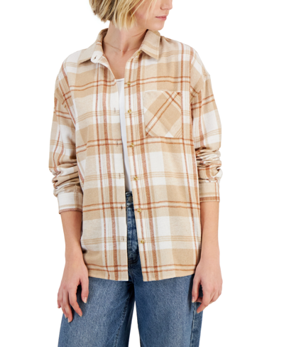 Just Polly Juniors' Rhinestone Plaid Flannel Shirt In Tan Dasiy