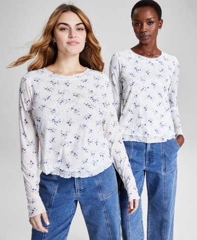 And Now This Women's Floral-print Mesh Long-sleeve Top, Created For Macy's In Bone Floral
