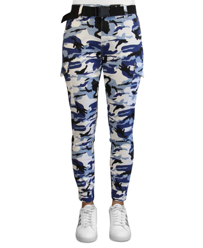 Almost Famous Crave Fame Juniors' High-rise Belted Cargo Pants In Blue Camo