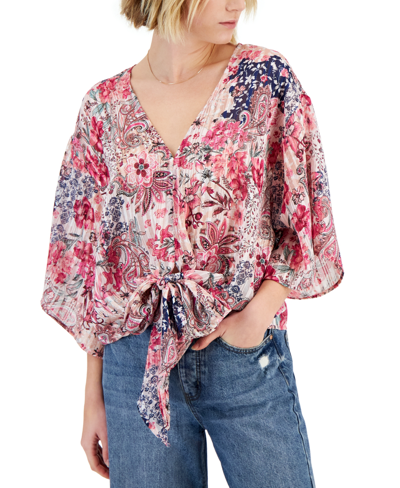 Just Polly Juniors' V-neck Lurex Tie-front Top In Pink Floral Lurex