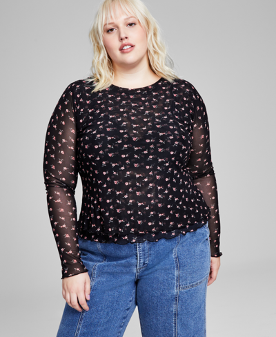 And Now This Trendy Plus Size Floral-print Mesh Long-sleeve Top In Black,pink Floral