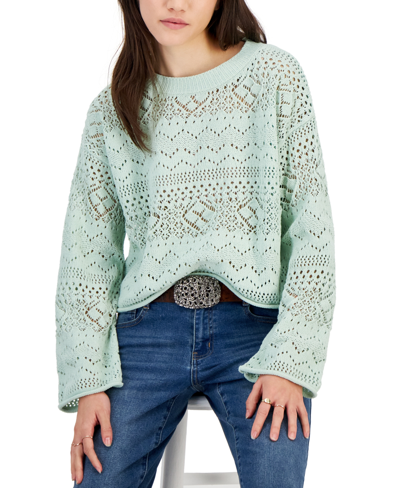 Hippie Rose Juniors' Pointelle-knit Crewneck Sweater In Oceana