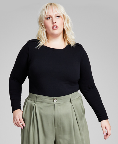 And Now This Trendy Plus Size Button-shoulder Long-sleeve Top In Black